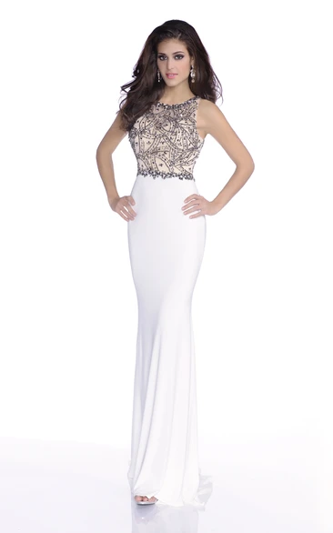 Sheath Scoop Sleeveless Floor-length Jersey Formal Dress with Illusion and Beading