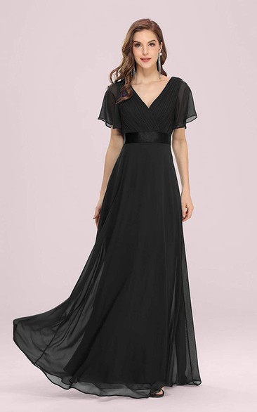 Romantic V-neck Chiffon A Line Short Sleeve Formal Mother Dress With Ruffles