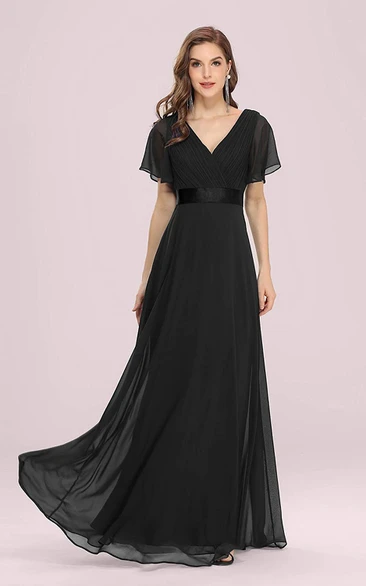 Romantic V-neck Chiffon A Line Short Sleeve Formal Mother Dress With Ruffles