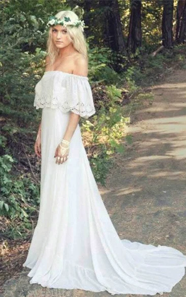 Bohemian Lace Country Chiffon Outdoor Wedding Dress with Sweep Train