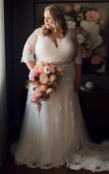 Half-sleeve Lace V-neck Empire Tulle Illusion Plus Size Wedding Dress