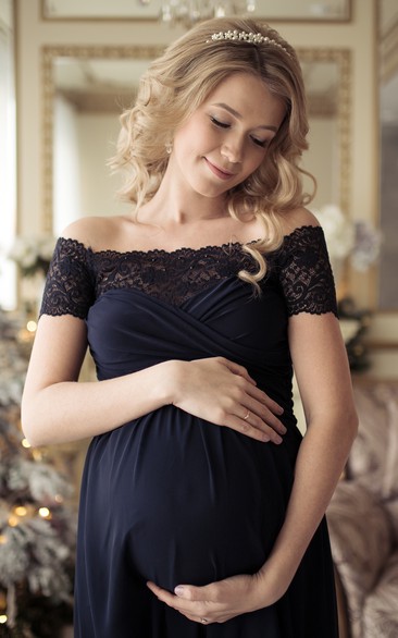 A-line Off-the-shoulder Lace Ruched Short Sleeve Floor-length Chiffon Maternity Dress