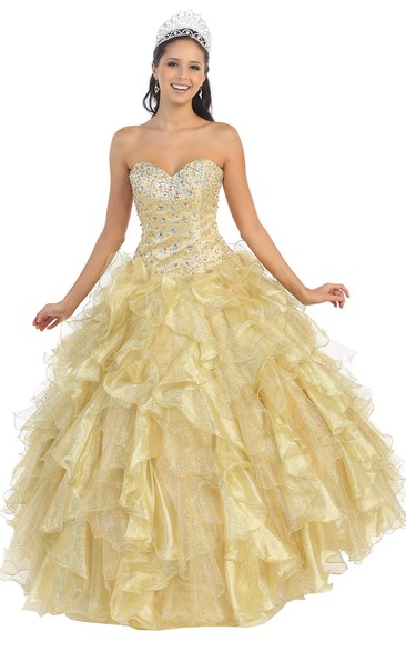 Sweetheart Cascading Ruffled Jeweled Strapless Organza Lace-Up-Back Ball Gown