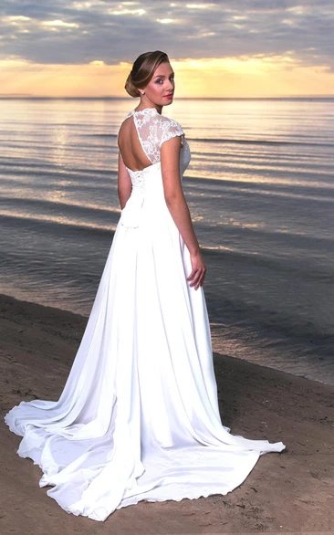 Chiffon Cap Sleeves Long V-Neckline Wedding Dress