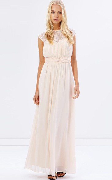 A Line Jewel Short Sleeve Floor-length Chiffon Bridesmaid Dress with Illusion and Ruching