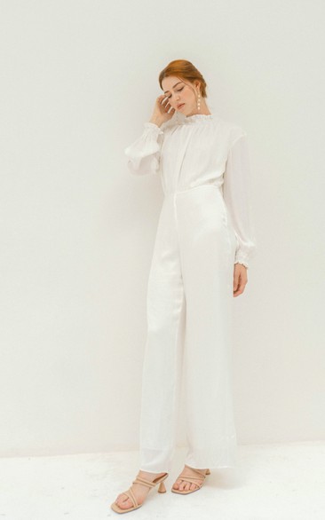 Long Sleeves High Neck Long Poet Sleeve Chiffon Wedding Jumpsuit