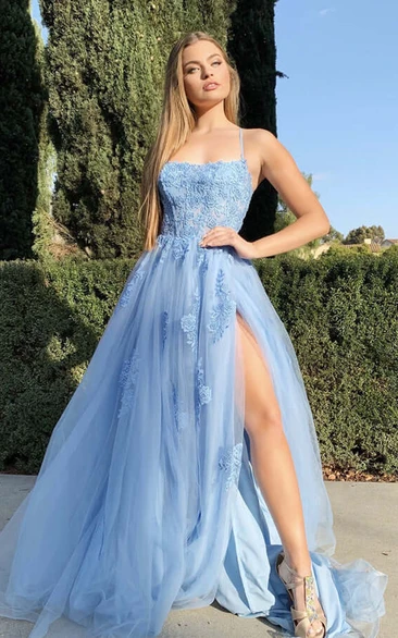 A-line Sky Blue Tulle Front Split Spaghetti Prom Evening Dress