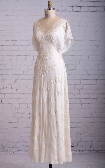 Vintage Inspired Cap Sleeve V-Neck 1920s Wedding Dress