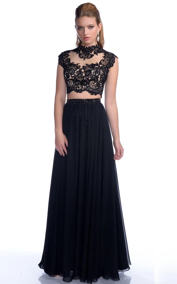 A-Line Pleated Lace-Bodice Chiffon Cap-Sleeve Gown