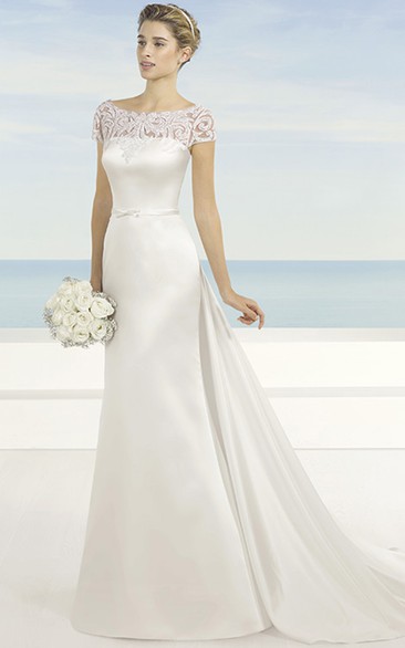 Bateau Long Short-Sleeve Appliqued Satin Wedding Dress
