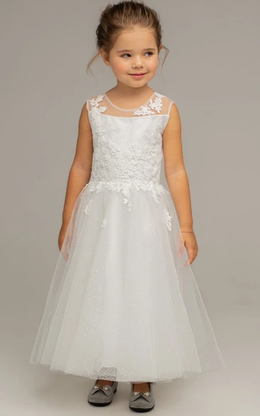 Simple A Line Ankle-length Sleeveless Tulle Flowergirl Dress with Ruching