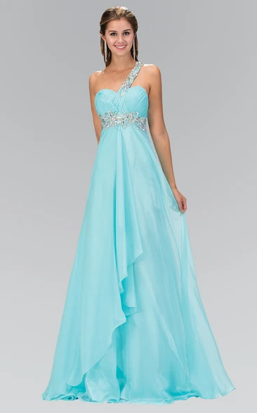 A-line One-shoulder Sleeveless Court Train Chiffon Prom Dress with Waist Jewellery and Draping
