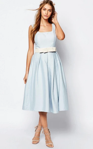 A-Line Sleeveless Square-Neck Tea-Length Satin Bridesmaid Dress With Bow