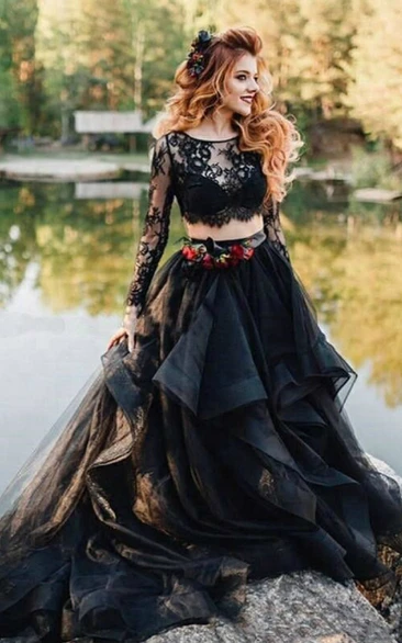 Scoop-neck Long Sleeve Black Two Piece A-line Prom Wedding Dress