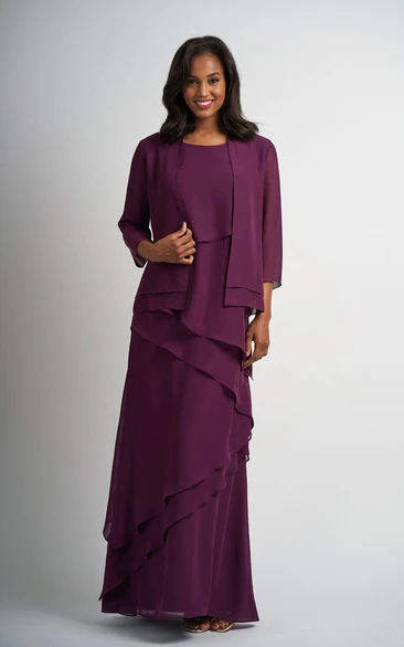 Scoop Sleeveless Floor Length Chiffon Mother of The Bride Dress with Tiers and Jacket