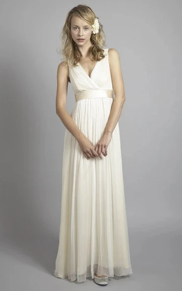 Chiffon Sleeveless Plunging Criss Cross Empire Wedding Gown With Low V-back