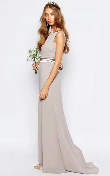 Scoop-neck Sleeveless Chiffon Dress With bow And Sweep Train