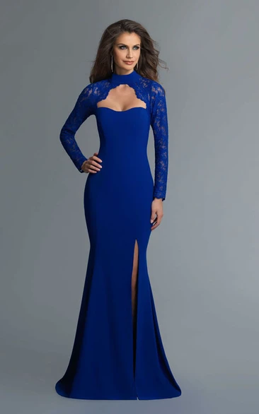 Sheath High Neck Long Sleeve Sweep Train Jersey Prom Dress with Keyhole and Split Front