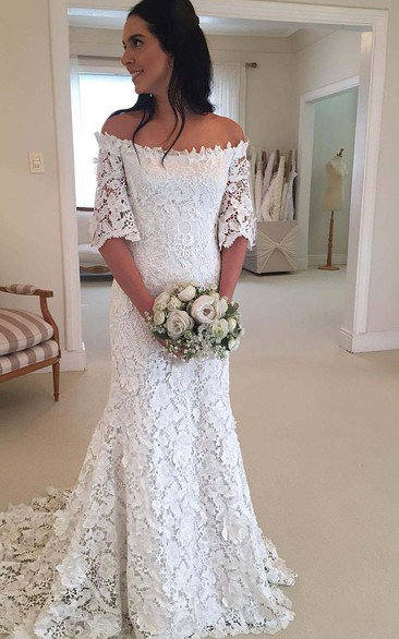 Off-the-shoulder Lace Bell Half Sleeve Wedding Dress