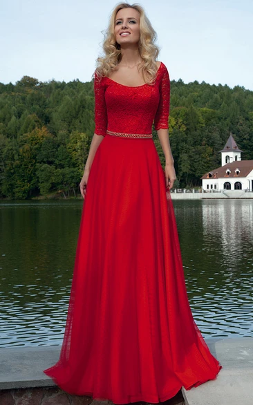 Flamboyant Scoop-neck Half Sleeve Dress With Lace And Embellished Waist