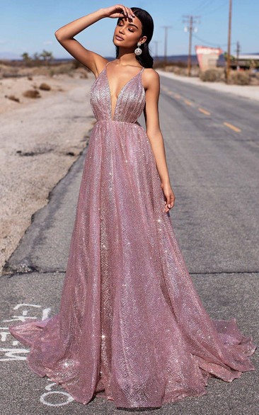 Spaghetti Charming A-line Sequin Plunged Empire Prom Dress