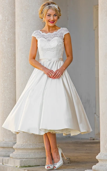 Bateau Cap-sleeve Satin A-line Tea-length Wedding Dress With Lace