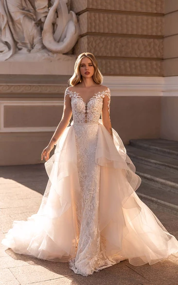 Refined Illusion Off-the-shoulder Lace Mermaid Sheath Wedding Dress with Detachable Skirt