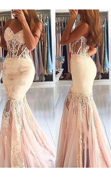 Sweetheart Lace Tulle Sleeveless Sweep Brush Train Appliques Beading  Dress