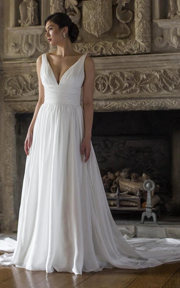 A-line V-neck Sleeveless Floor-length Chiffon Wedding Dress with Ruching