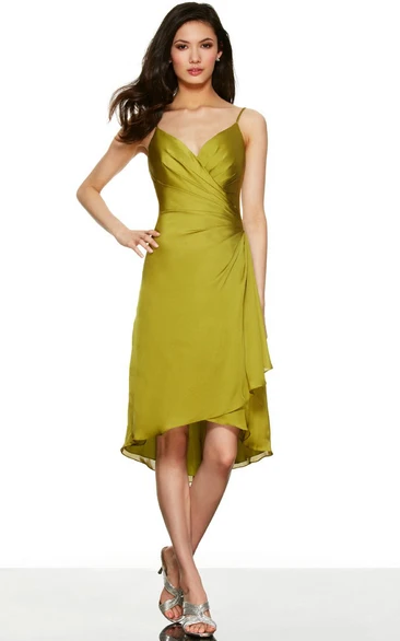 Pencil V-neck Sleeveless High-low Jersey Bridesmaid Dress with Criss Cross and Draping