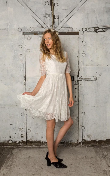 Short Short Sleeves Wedding Lace French A-Line Dress