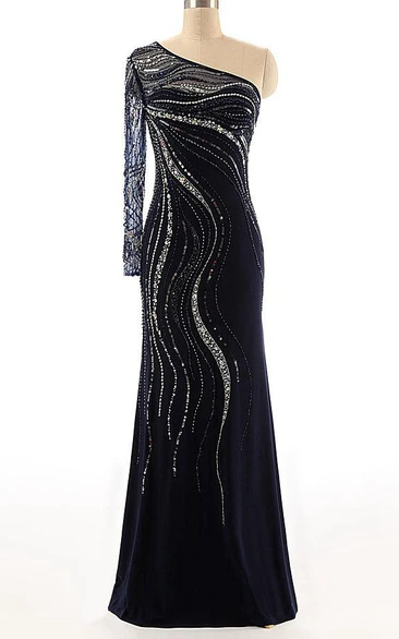 Chiffon Beaded Sequined Long-Sleeve One-Shoulder Dress