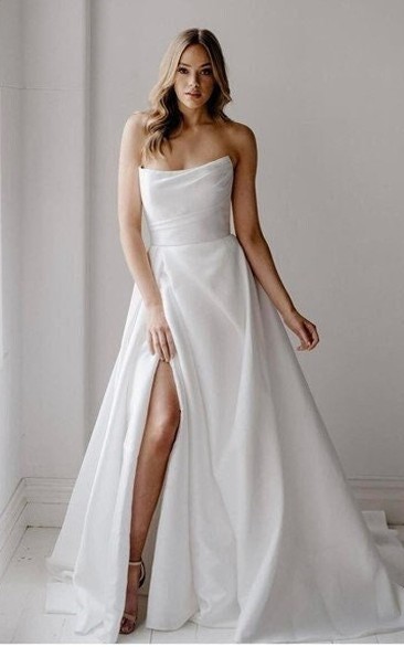 Strapless Satin A-line Front Split Elegant Low-v Back Wedding Dress