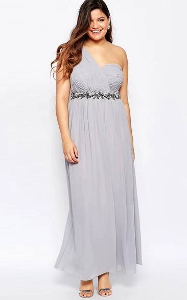 Ruched Ankle-Length One-Shoulder Sleeveless Chiffon Bridesmaid Dress With Waist Jewellery