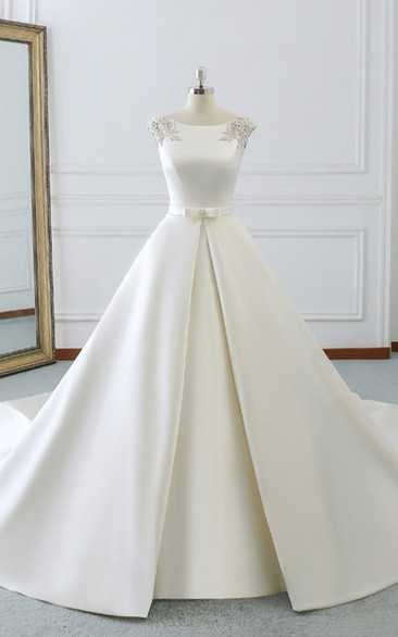 Satin Ball Gown Princess Solid Court Train Beaded Epaulet Wedding Dress