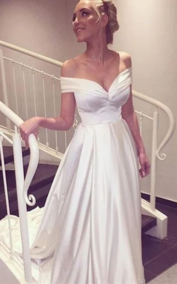 Off-the-shoulder Satin Cap Short Sleeve Wedding Dress