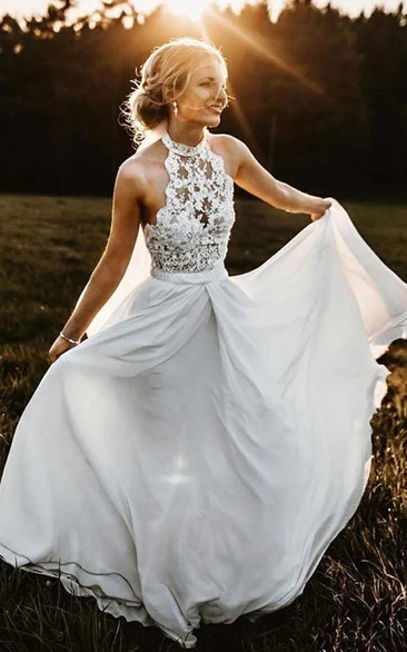 Jewel-neck Sleeveless Empire Chiffon Casual Lace Top Wedding Dress