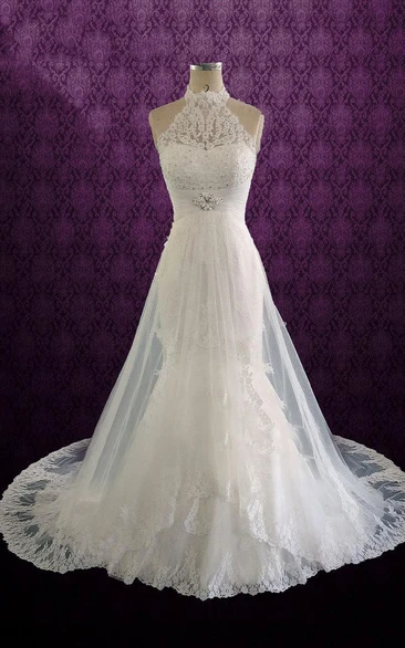 Lace Jewel Pleats Sleeveless Halter Bridal Dress