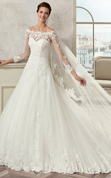 Off-the-shoulder Illusion Long Sleeve Ball Gown With Appliques And Court Train