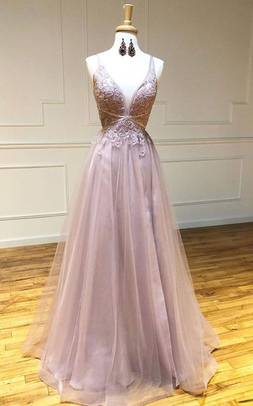 Modern A Line Lace Floor-length Sleeveless Prom Dress with Appliques