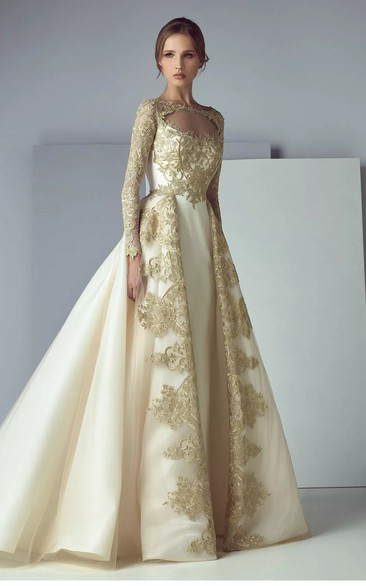 Champagne Ball Gown Formal Long Sleeve Keyhole Evening Wedding Dress