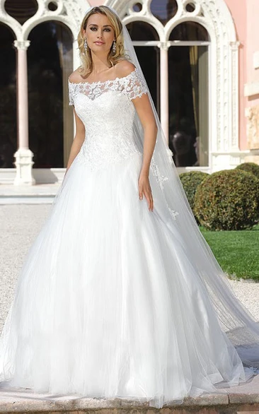 Off-the-shoulder Short Sleeve A-line Ball Gown With Lace Appliques