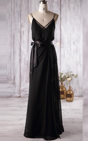 Floor-length Spaghetti Strapped V-neck Chiffon&Tulle Dress With Illusion
