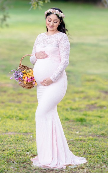 Jewel V-neck Long Sleeve Lace Pleated Ruched Ruffled Maternity Dress