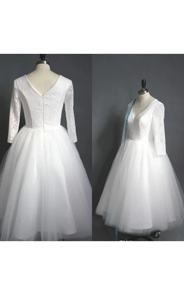 V-neck Lace Tulle Illusion 3/4 Length Sleeve Wedding Gown
