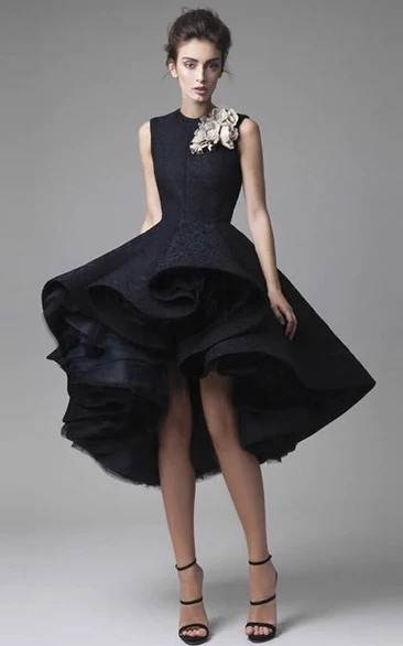 Black Cocktail Sleeveless High-low Tier Floral Formal Dress