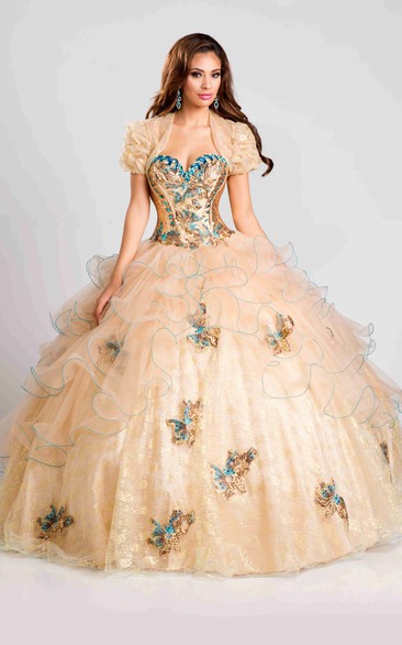 Sweetheart Organza Ruched Beaded Quinceanera Dress With Ruffle And  cape