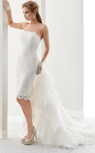 Strapless Pencil short Lace Wedding Dress With Ruffled Court Train