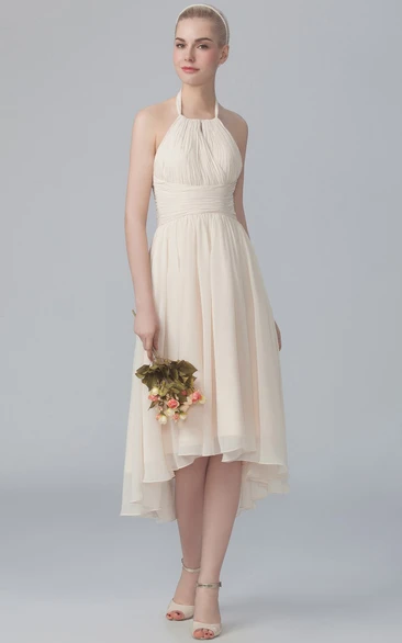 Haltered Chiffon High-low Sleeveless Ruched Bridesmaid Dress