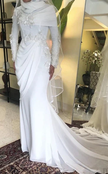 Muslim Modest Chiffon Elegant White Mermaid Applique Floral Chiffon Long Sleeves Wedding Dress for a Christian Bride